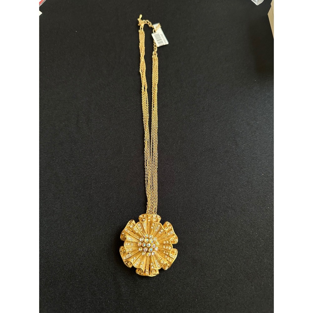 Gold Tone Multi Strand Floral Statement Necklace Aurora Borealis Rhinestones 90s